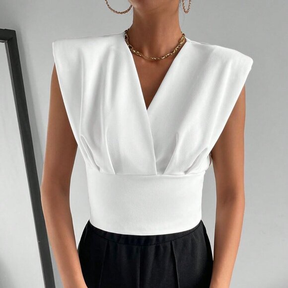 White Casual Women's Short Sleeve Shoulder Padded T-Shirt Top - Picture 6 of 6